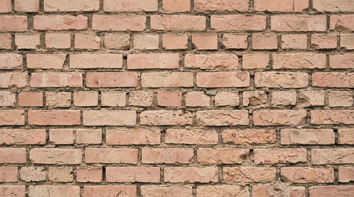 A rear brick wall in flat light, pale salmon brick with wide irregular mortar joints and a weathered face